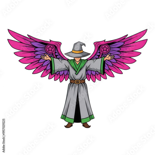 A cartoon character with large pink and purple wings isolated on transparent background