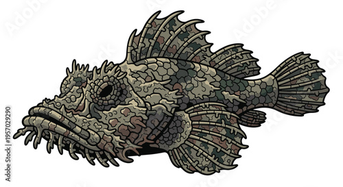 Camouflaged stonefish, featuring rough, textured skin resembling a rock, lying in wait as a venomous bottom-dwelling marine predator.