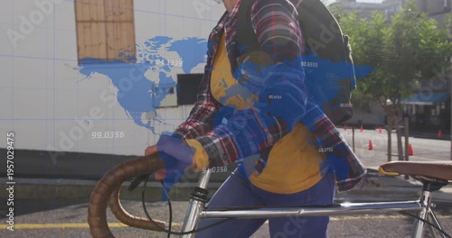 Animation of data processing and world map over african american male soldier