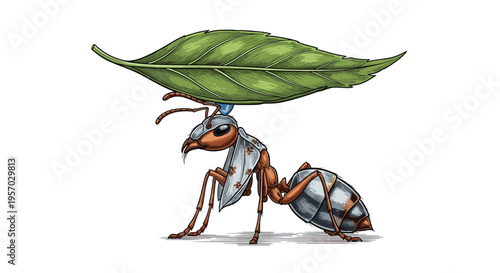 Diligent ant, strongly carrying a large green leaf on its back, symbolizing hard work, strength, and cooperation within nature.