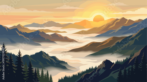 A stylized illustration captures a majestic mountain range at sunrise, with a sea of mist blanketing the valleys and warm golden light illuminating the sky.