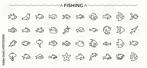 Set of Fishing line icon. Related to fisherman, hunt, hobby, activity, fisher, leisure, catch and more. Thin outline icons pack. Outdoor icon pack. Vector artwork and illustration.