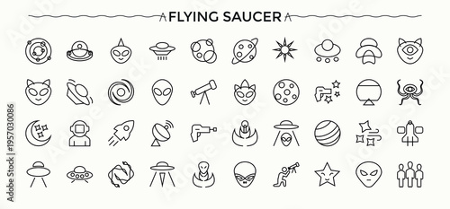 Alien icon set. Web icons pack. Includes thin line symbols flying saucer, rocket, astronaut, alien. Editable vector art and illustration. Creature icon collection.