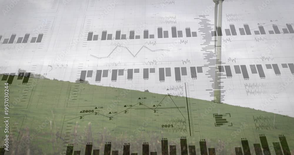 Overlay appearing bars growing line graph rising turbine blades ...