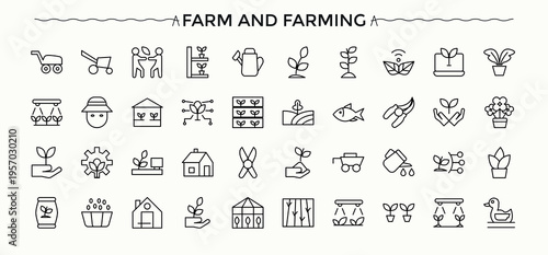 Farm And Farming vector line icon set. Outline symbol collection. Pixel perfect. Editable stroke. Harvest icon set. It contains symbols to land, harvest, farm, plant, plantation and more.