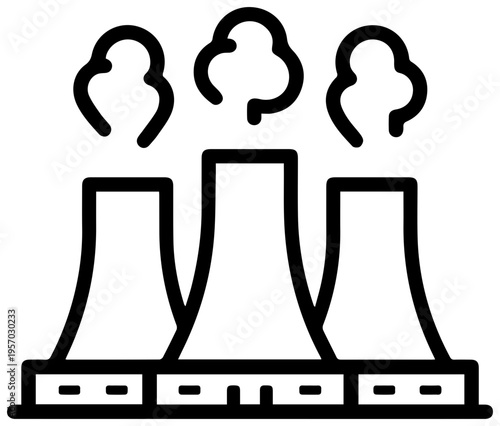 Clean geothermal power plant icon with three cooling towers emitting steam and renewable energy symbol representing sustainable natural resource utilization and eco friendly