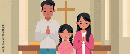 Family Praying in Church in Front of Altar and Cross Vector Illustration