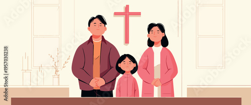 Family Praying in Church in Front of Altar and Cross Vector Illustration
