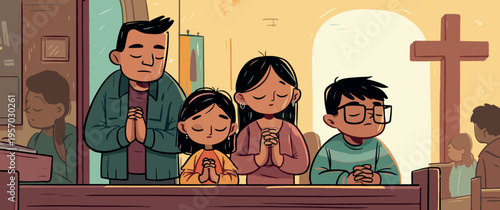 Family Praying in Church in Front of Altar and Cross Vector Illustration