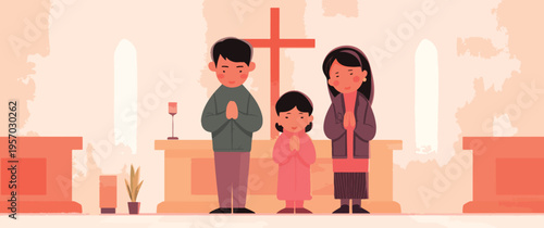 Family Praying in Church in Front of Altar and Cross Vector Illustration