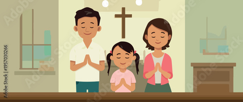 Family Praying in Church in Front of Altar and Cross Vector Illustration