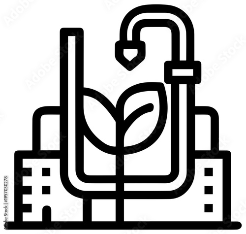 Conceptual minimalist line art icon representing bioenergy production with integrated carbon capture technology symbolizing sustainable power generation and environmental