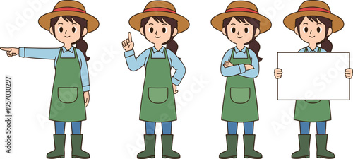 Cartoon farmer woman illustration with straw hat and apron showing diverse gestures, communication, and agricultural lifestyle design