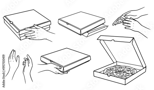 Pizza delivery boxes hand drawn sketch set takeaway food package open closed vector illustration isolated on white background
