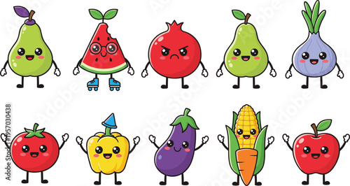 Cartoon fruits and vegetables illustration with anthropomorphic faces and gestures for education, fun, and healthy lifestyle design