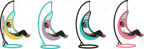 Cartoon hanging egg chair illustration with diverse color variations symbolizing modern furniture, comfort, and lifestyle design