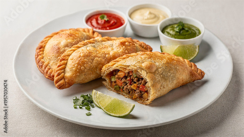 Baked beef empanadas with dipping sauces on white plate