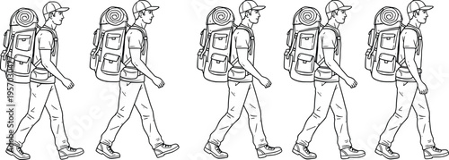 Cartoon hiker illustration with backpack and sleeping mat symbolizing travel, adventure, and outdoor lifestyle design