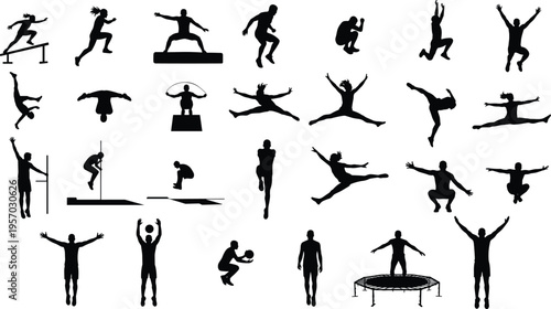 Cartoon sports silhouette illustration showing athletic movements, gymnastics, and dynamic physical activity design