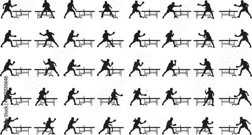 Cartoon table tennis silhouettes illustration showing dynamic movements, stances, and techniques for sport and training design