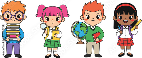 Cartoon school children illustration with books, globe, magnifying glass, and stationery symbolizing education, curiosity, and learning design