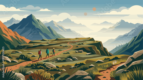 Three hikers with backpacks trek along a winding path through a majestic mountain landscape under a hazy sky with two suns.