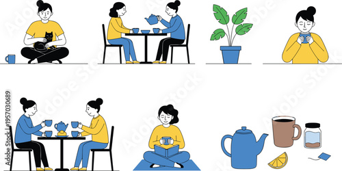 Cartoon tea drinking collage illustration with people relaxing, socializing, plants, and tea accessories symbolizing calm and connection