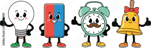 Cartoon anthropomorphic objects illustration with light bulb, eraser, clock, and bell showing playful educational design