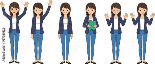 Cartoon businesswoman illustration with casual blazer and jeans showing friendly gestures, communication, and professional lifestyle design