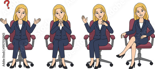 Cartoon businesswoman illustration with office chair showing diverse communication poses, emotions, and professional expressions