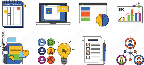 Digital Marketing and Content Strategy Icon Set with Blog, SEO Analytics, Content Calendar, Audience Targeting, Checklist and Idea Generation Illustration