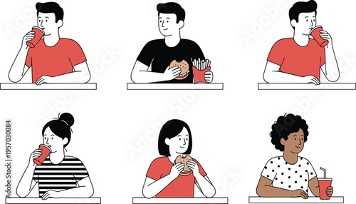 Cartoon casual dining illustration with people eating burgers and drinking beverages symbolizing lifestyle, food, and social habits