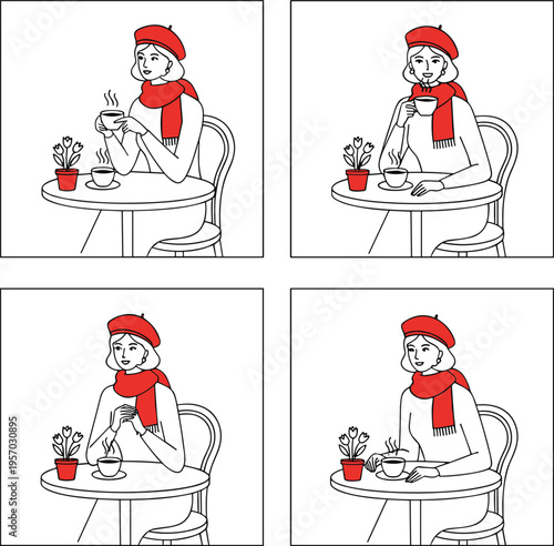 Cartoon character illustration with beret and scarf enjoying coffee break at table symbolizing lifestyle and relaxation design