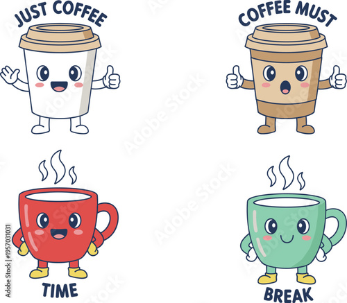Cartoon coffee cup characters illustration with playful expressions symbolizing coffee culture, break time, and lifestyle design