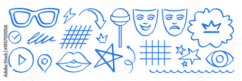 Large set of various creative hand drawn doodle objects. Unique grunge texture design elements for any project. Big vector illustration with many icons, signs and symbols for decoration or stickers