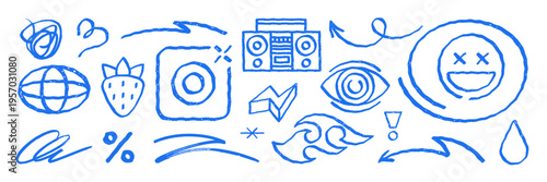 A big set of creative hand drawn doodle objects. Unique grunge texture design elements for any project. Vector illustration with many icons, signs and symbols for decoration and stickers