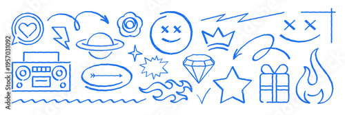 A large collection of creative hand drawn doodle objects. Unique grunge texture design elements for any project. Big vector illustration set with many icons, signs and symbols for decoration