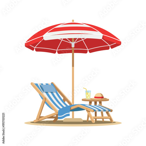 Beach scene with blue lounge chair and red umbrella vector clipart