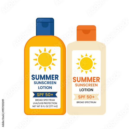 set of cosmetic bottles with label summer sunscreen