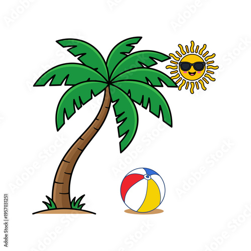 summer clipart of a sun wearing sunglass, beach ball and palm tree on the beach