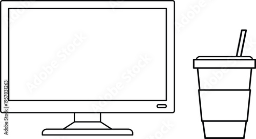 illustration of computer monitor & coffee ,  A laptop is on a desk with a cup of coffee and a vase of flowers. The laptop is turned off, and the desk is clean and organized. Concept of productivity an