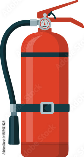 A red fire extinguisher with a black hose