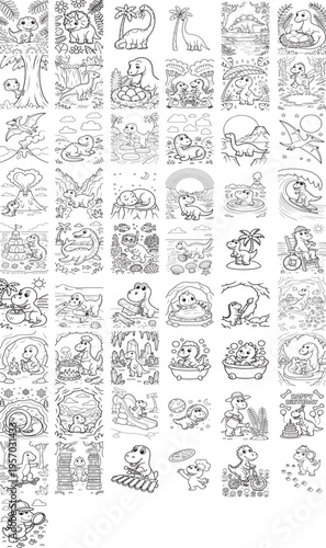 Cute Dinosaur Coloring Pages Collection – Kawaii Dino Adventures, Jurassic Scenes & Fun Cartoon Illustrations for Kids