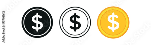 Three coin icons with dollar sign in black, outline, and colored styles