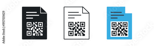 Three style icons of a document with a qr code in black, outline and colored variants