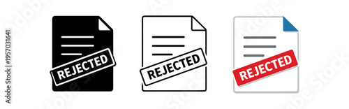 Three style icons of a document stamped rejected in black, outline and colored variants
