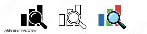 Three style icons of a bar chart with a magnifying glass for analytics in black, outline and colored variants