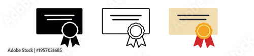 Three certificate icons with a ribbon seal in black, outline and colored styles