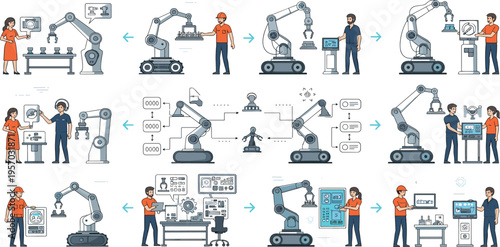 Robotics and Automation Process Set with Industrial Robots, Workers, and Production Line Workflow Illustration