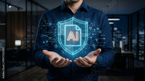 Professional safeguarding sensitive data with advanced AI security shield, symbolizing robust cybersecurity and the future of information protection in business